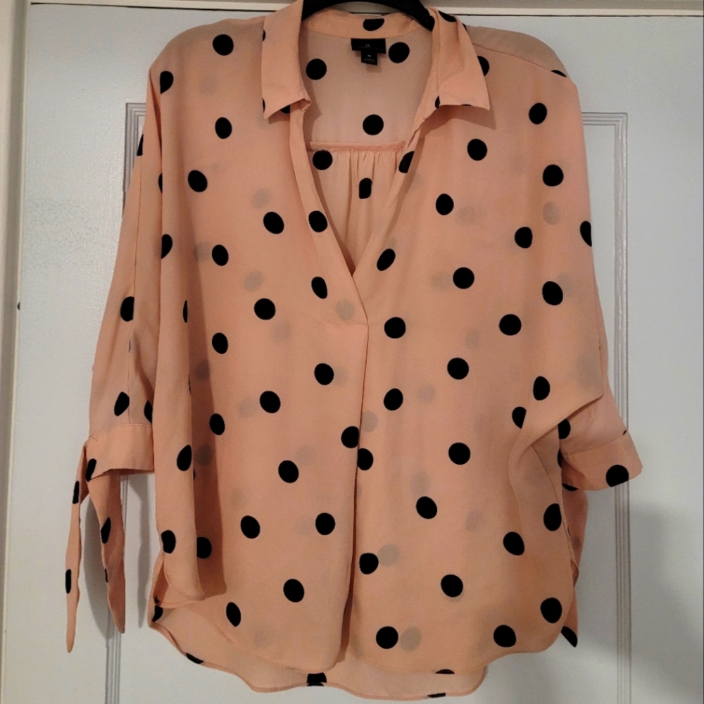Worthington Medium Pink Black Polka Dot 3/4 Sleeve Business Casual Blouse EUC